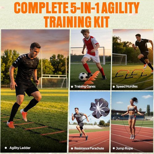 Agility Ladder Training Set - 20ft Speed Ladder with 4 Hurdles, Parachute, 12 Cones & Jump Rope | Enhance Agility & Speed for Kids and Adults