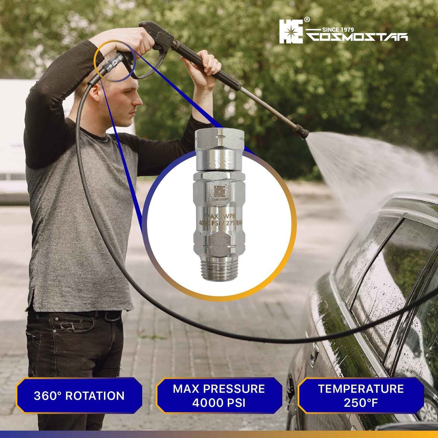 Cosmostar Stainless Steel 3/8" NPT-M 360° Pressure Washer Swivel – Enhanced Leak-Proof High-Flow Design and 4000 PSI – Not for M22 Threads