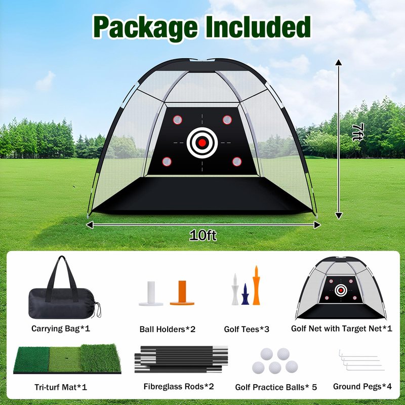 MoKo Golf Net with Practice Mat, 10 x 7 ft Golf Hitting Net for Outdoor Indoor Backyard Driving Chipping Swing Training, All-in-One Multi-Target Practice Nets, Gifts for Men Dad Him and Golfer, Black