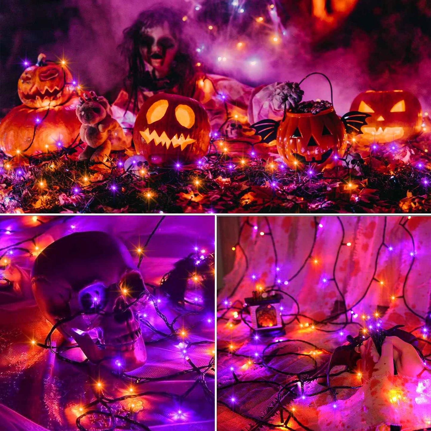 DealBeta 4 Pack Orange Purple Halloween String Lights Battery Operated, Each 16.4Ft 50 LED Indoor Halloween Lights with Timer 8 Modes for Party Yard Patio Decoration