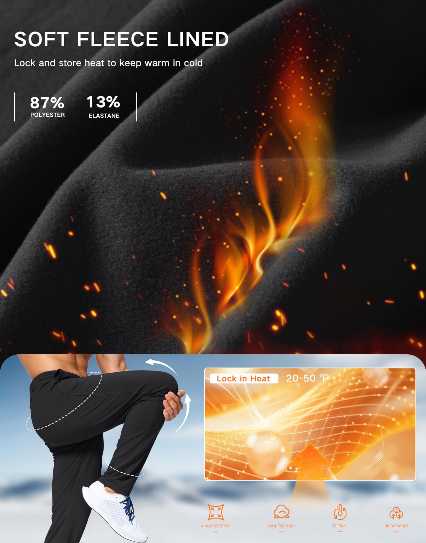 G Gradual Men's Fleece Lined Pants with Zipper Pocket Winter Warm Athletic Joggers Sweatpants for Men Workout Running Gym(Black,L)