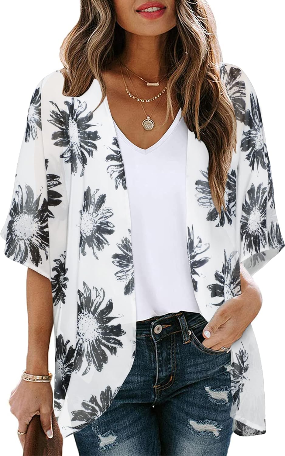 Skiennix Women's Floral Print Kimono Cardigan - Stylish Puff Sleeve Cover-Up Top