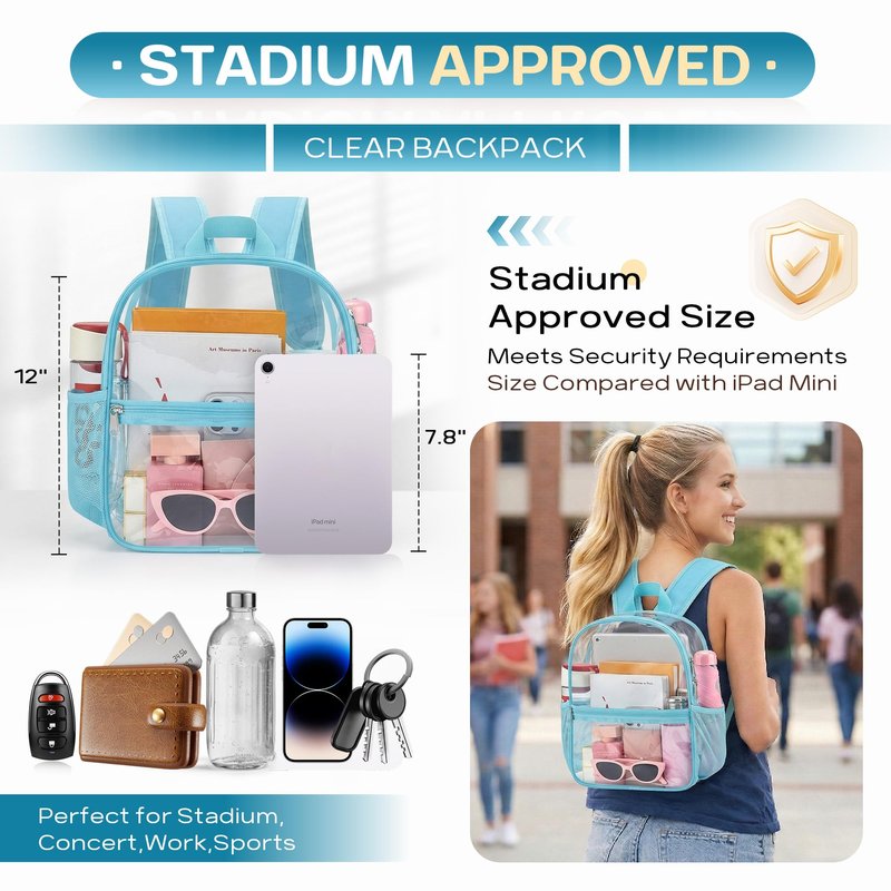 Oraben Clear Backpack for Stadium Events, Stadium Approved 12 x 6 x 11, Small Clear Backpack for Concerts School Works, Fast Security Check, Waterproof PVC, Adjustable Straps, Women Men