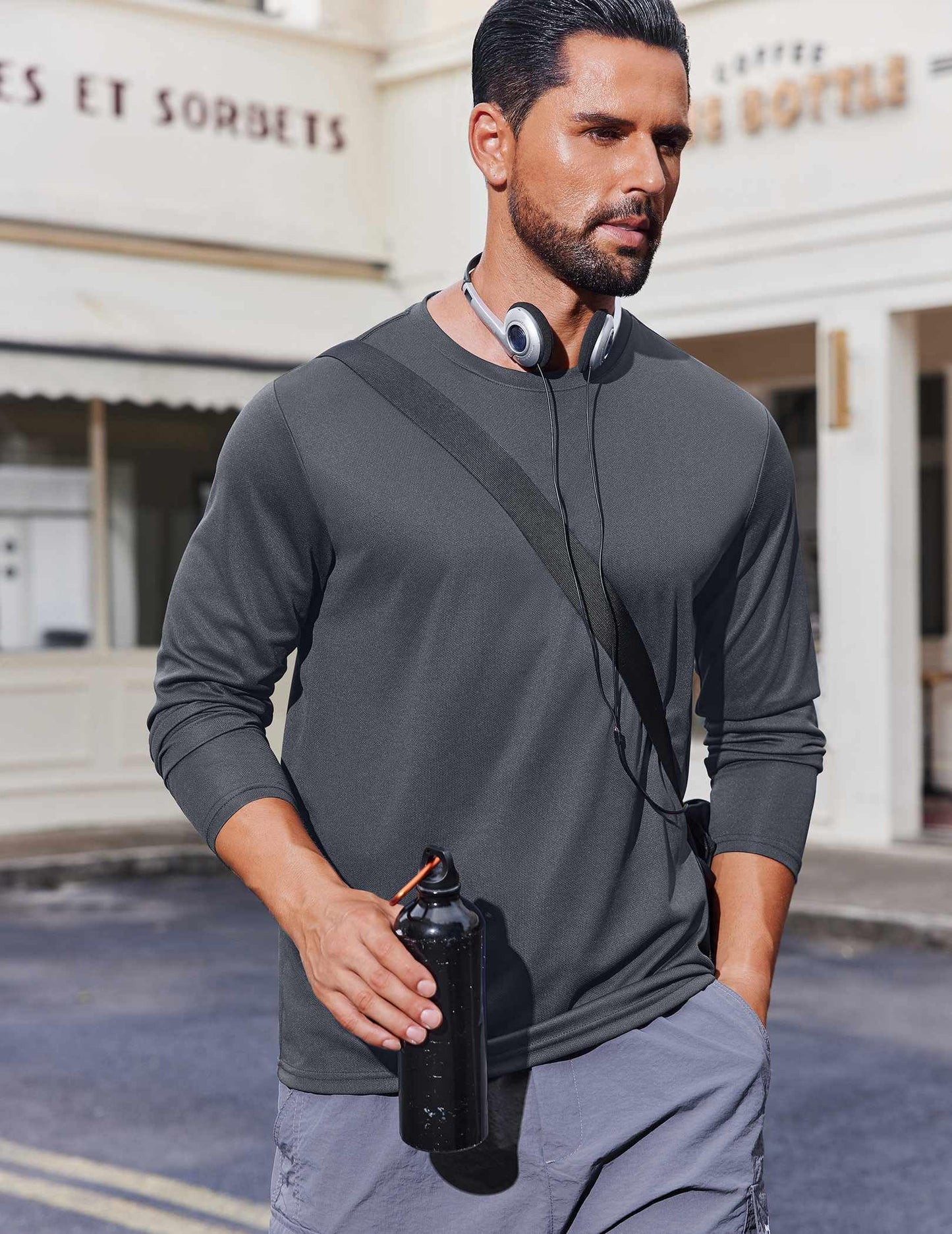 COOFANDY Men's Quick Dry Running Shirt Long Sleeve Athletic Rash Guard Fishing Shirt - Dark Grey