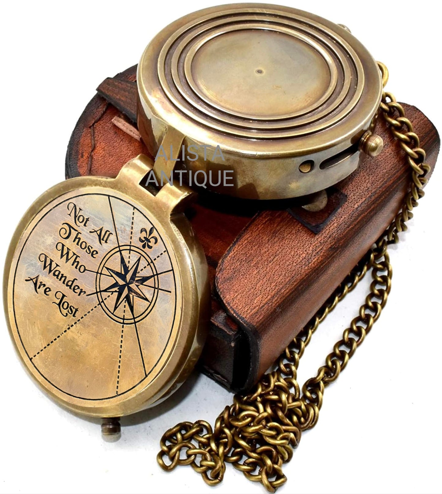 “Not All Those Who Wander are Lost” Engraved Solid Brass Compass with Leather Case & Chain | Vintage Style Pocket Compass for Men & Women | Hiking Compass | Graduatin Gift | Birthday Gift