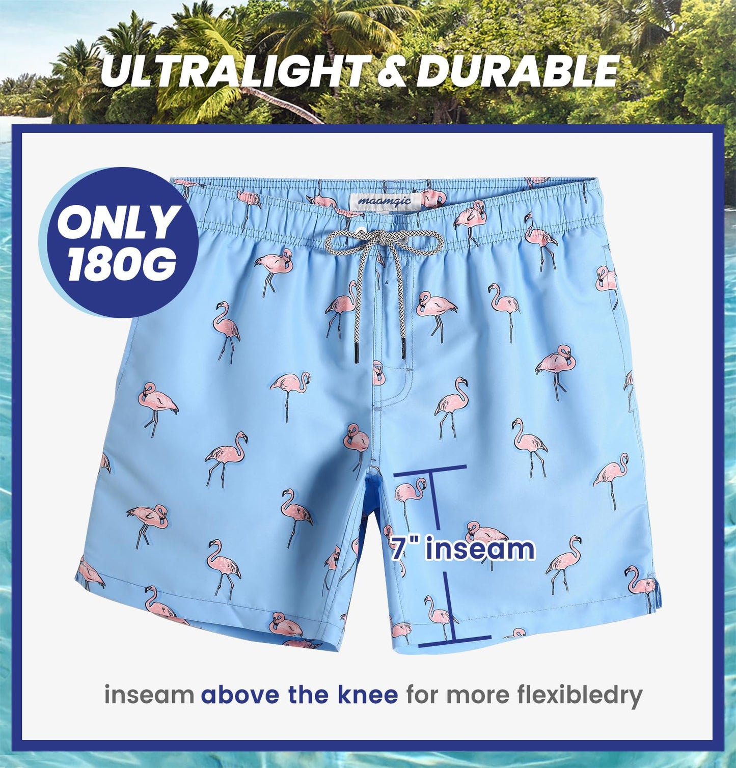 maamgic Mens Swim Trunks Quick Dry Swim Shorts with Mesh Lining Funny Swimwear Bathing Suits 7inch Flamingo Blue X-Small