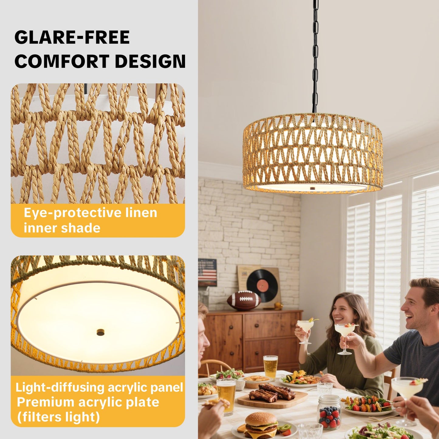 Boho Rattan Chandelier for Dining Room,5-Light Farmhouse Chandelier Light Fixtures, Hand Woven Chandeliers with Fabric Shade,Rustic Pendant Light Fixtures for Kitchen Island,Bedroom,Living Room