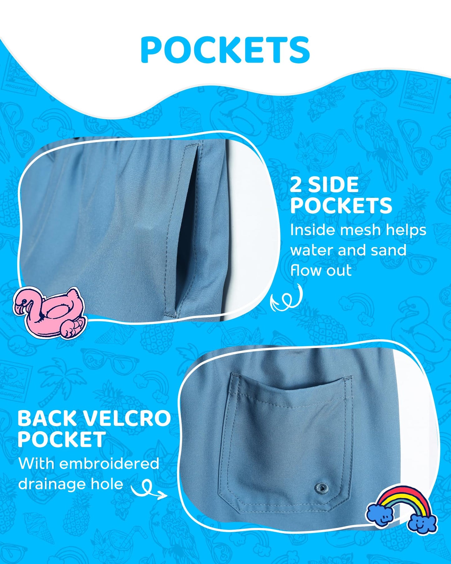 maamgic Boys Swim Trunks with Compression Liner 4-Way Stretch Quick Dry Swim Shorts Swimming Trunks Toddler Boy Haze Blue White 8 Years