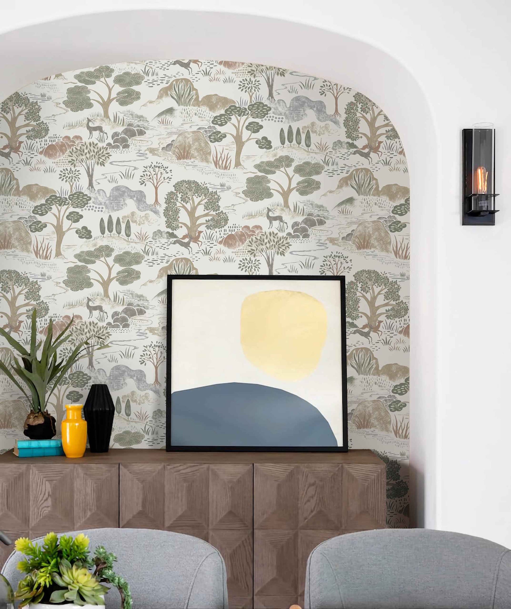 Erfoni 16.9"x197" Boho Forest Peel and Stick Wallpaper Green/Brown/White Contact Paper Forest Self Adhsive Peel and Stick Contact Paper DIY Removable Wallpaper for Bedroom Kids Nursery Decor