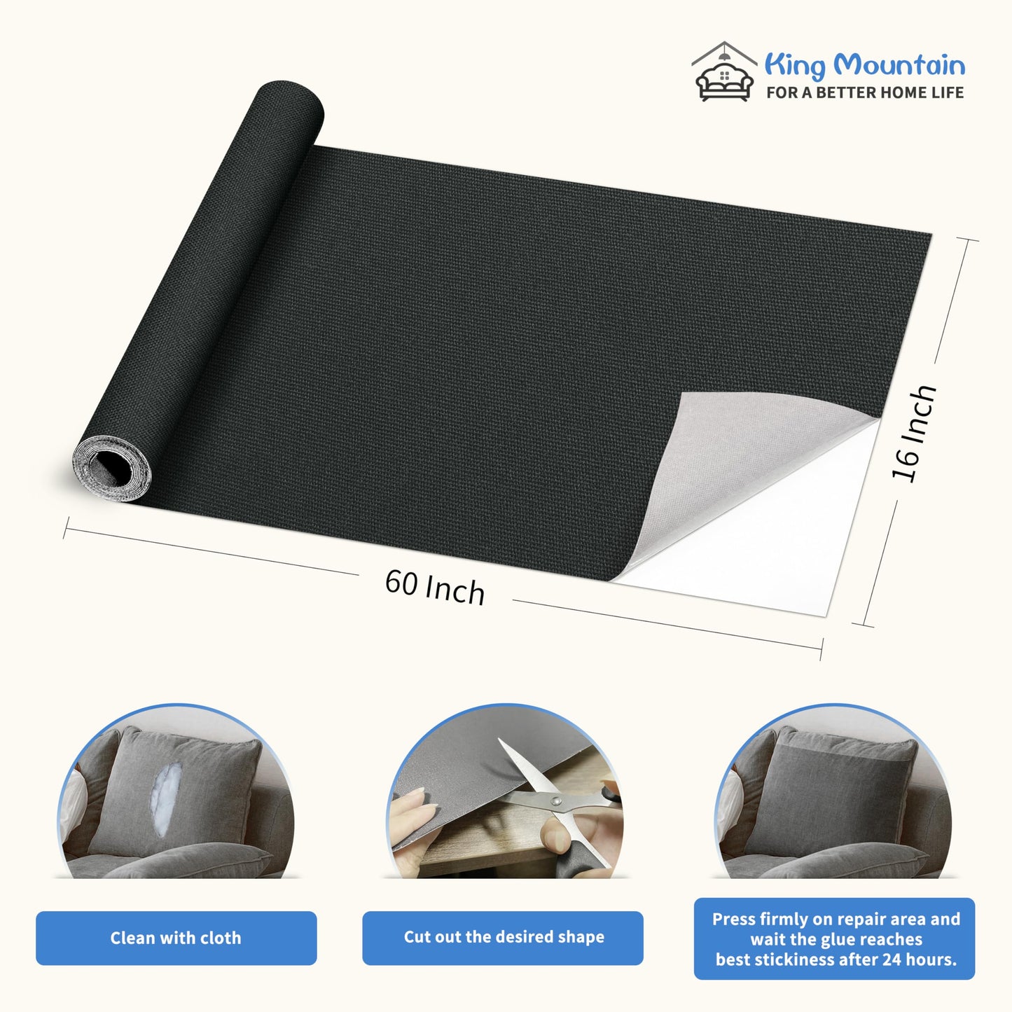 KING MOUNTAIN Canvas Repair Patch 16×60 Inch Self-Adhesive Waterproof Fabric Patch for Sofas, Tents, Furniture,Tote Bags, Car Seats (Dark Grey)