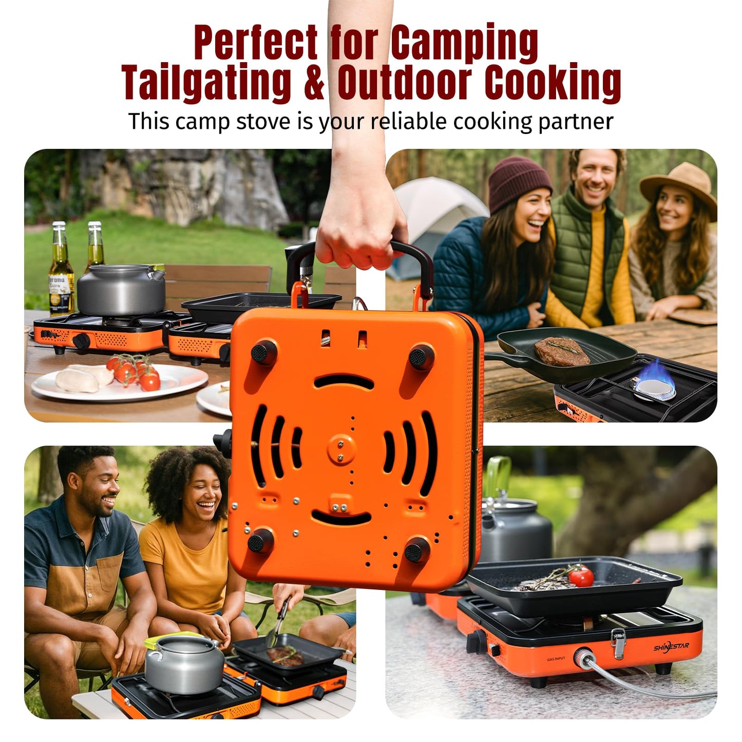 SHINESTAR 2 Burner Camping Stove with Carrying Bag, 17000 BTU Portable Propane Camp Stove, Foldable Gas Stove for Camping, Outdoor Cooking, RV Trips, or Emergencies