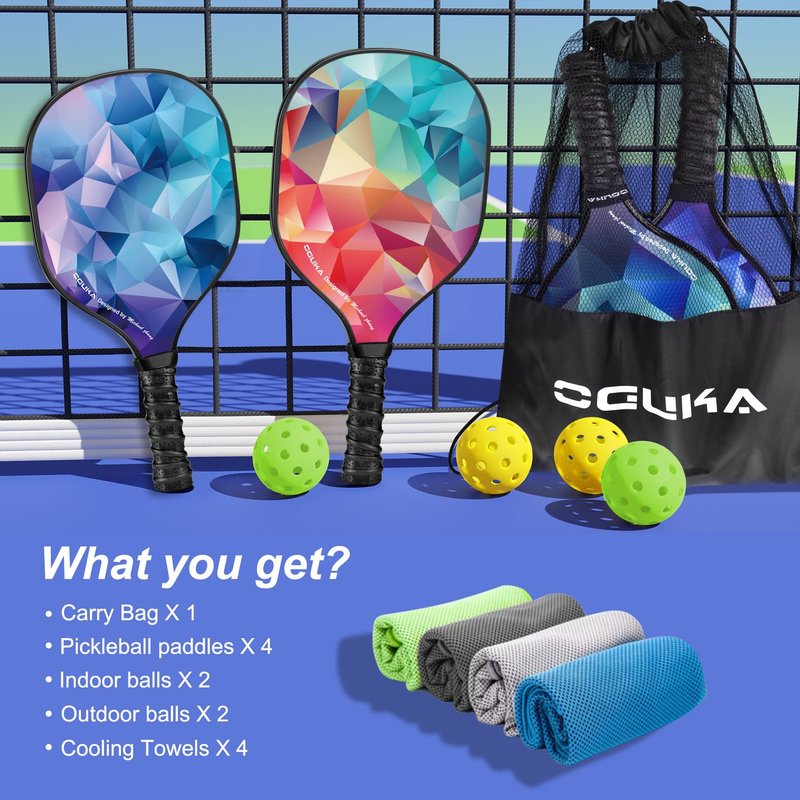 Oguka Pickleball Paddles, USAPA Approved Lightweight Pickleball Paddles Set of 4, 4 Pickleball Balls, 4 Cooling Towels& Bag, Premium Pickleball Rackets for Beginners & Pros
