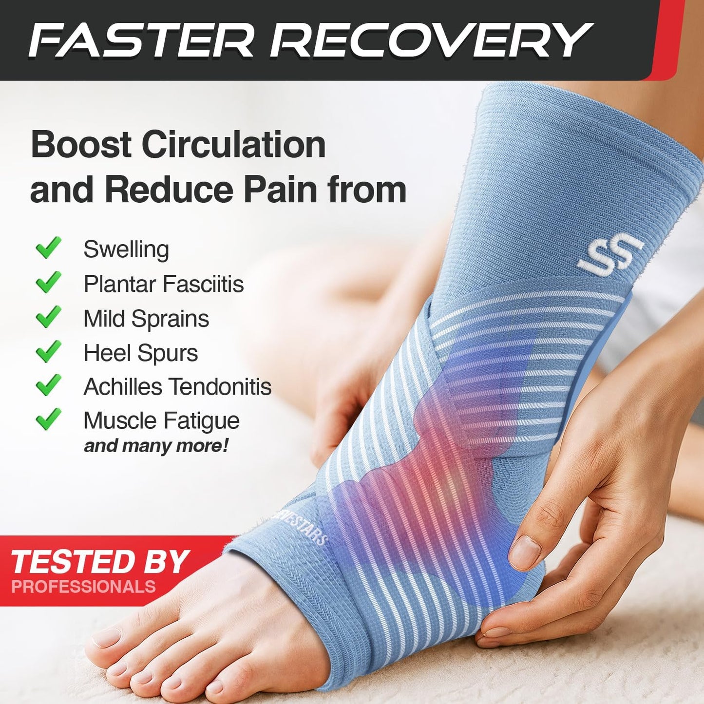 Sleeve Stars Ankle Brace - Compression Support for Sprained Ankles & Plantar Fasciitis | Light Blue, Size L (12"-13")
