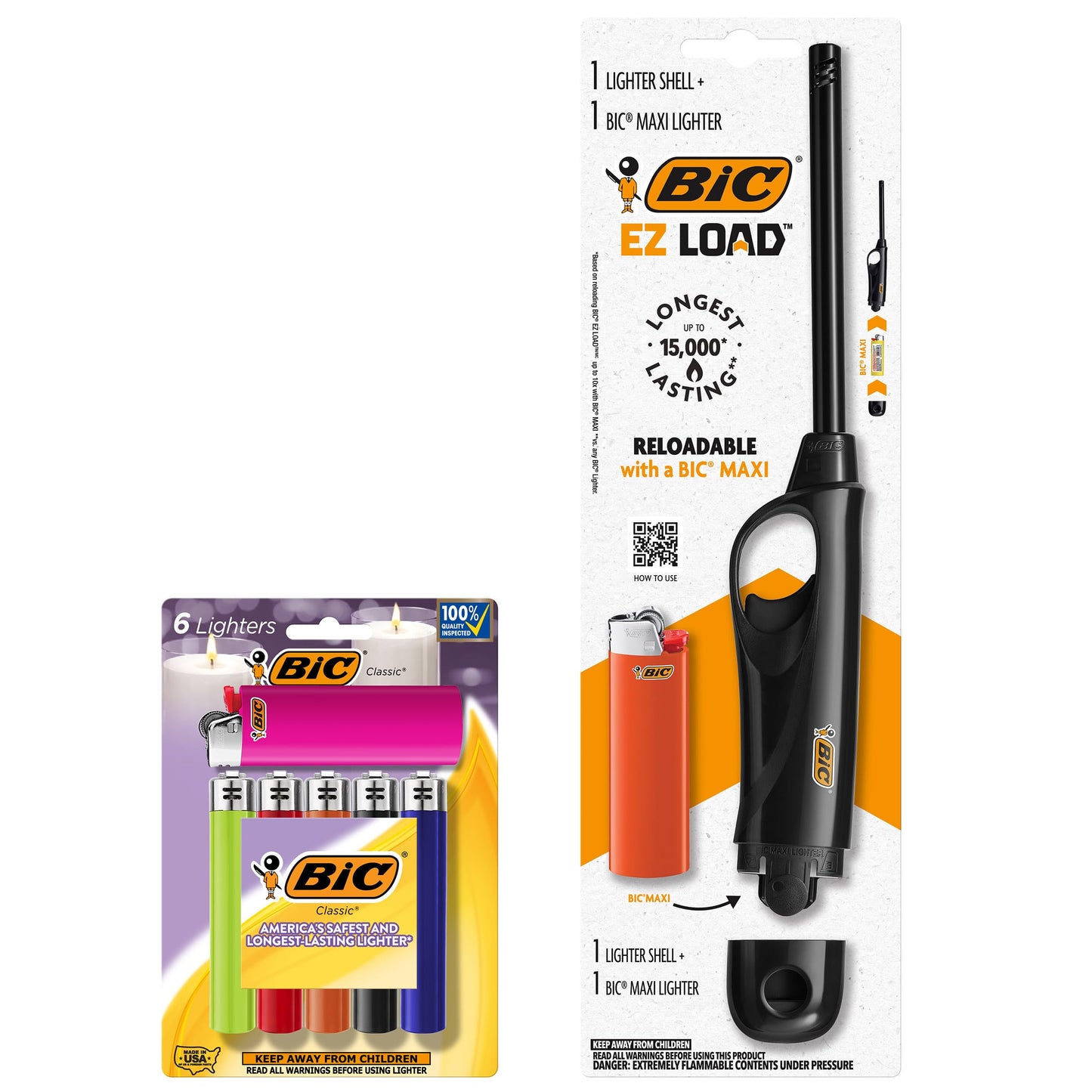 BIC EZ Load Lighters, Refillable and Long Lasting, Pack with 1 EZ Load Long Lighter Shell and 7 Maxi Pocket Lighters (Colors May Vary)