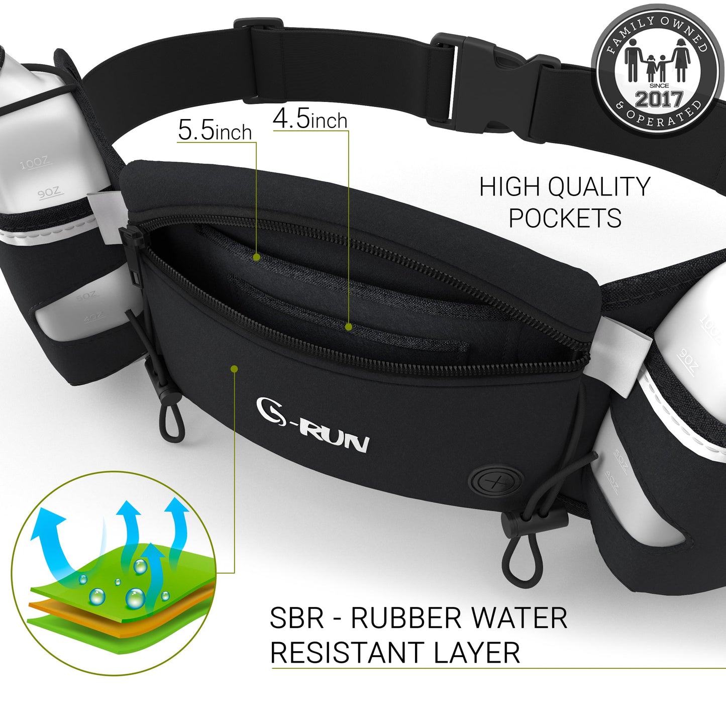 Q-RUN Hydration Running Belt with Bottles - Water Belts for Woman and Men - iPhone Belt for Any Phone Size - Fuel Marathon Waist Pouch for Runners - Jogging Cycling Biking, Black