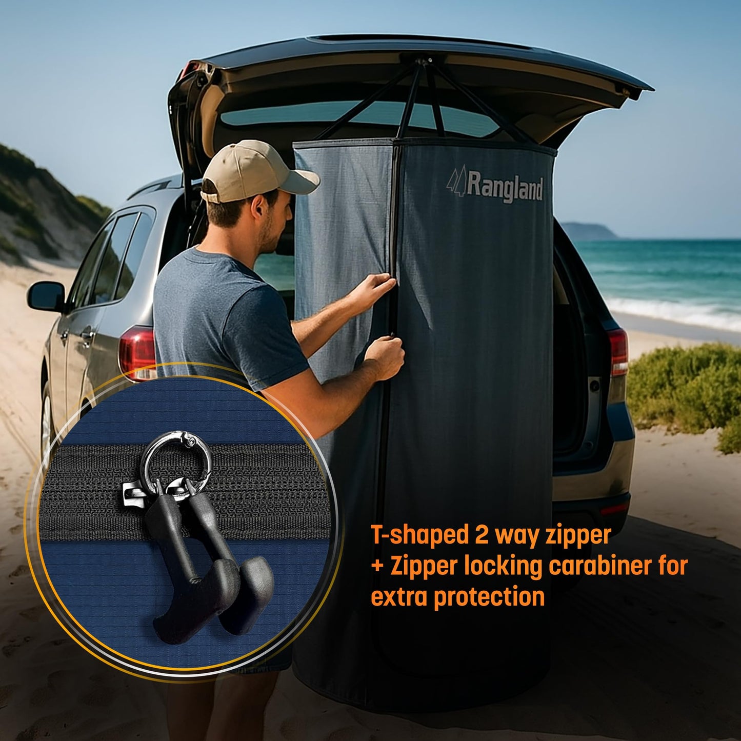 Rangland Instant Changing Tent for SUV Trunk, Easy Pop-Up Privacy Shelter with Liftgate Suction Pod - Portable Dressing Room for Beach, Outdoor Camping Shower, Toilet (Carry-Bag Included), Blue
