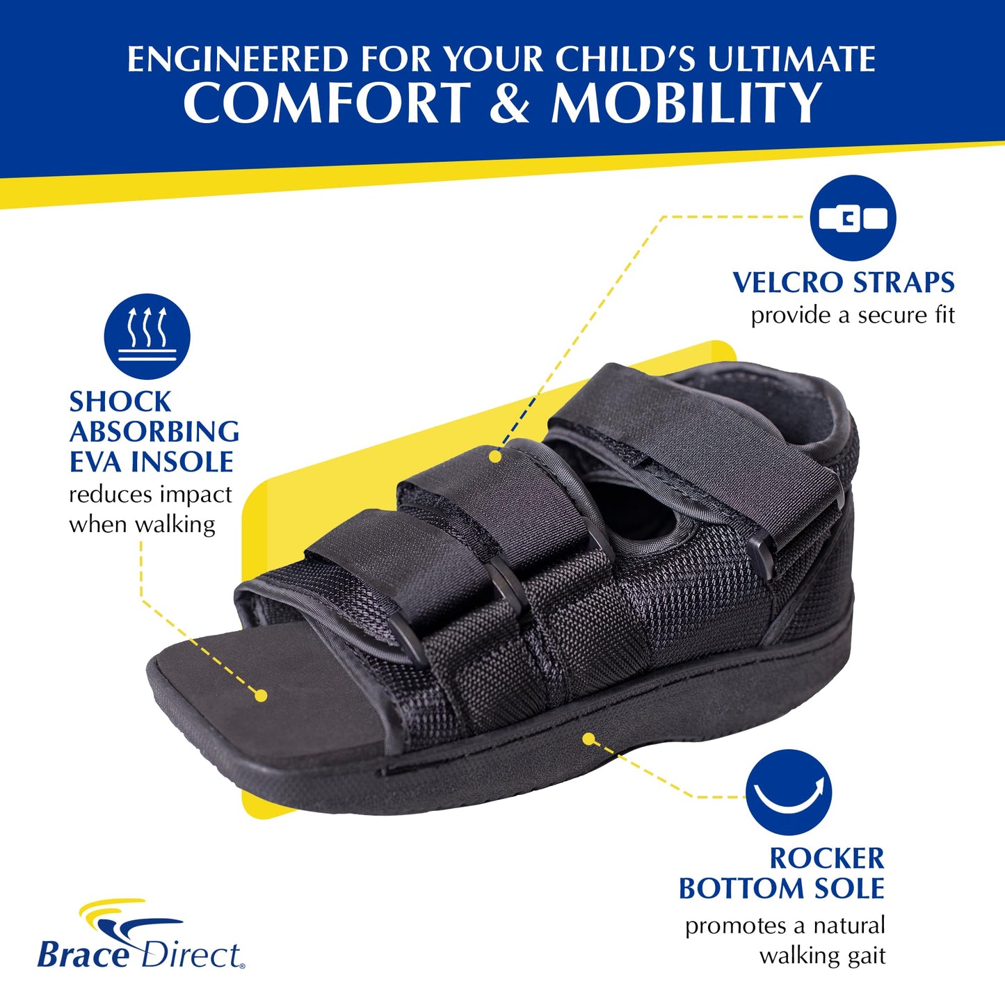 Brace Direct Pediatric Post-Op Shoe, Children’s Foot Injury Recovery, Support for Broken Toes, Fractures, Sprains, Protective Square Toe, Universal Left or Right Foot, Kids XS (US 11-1)