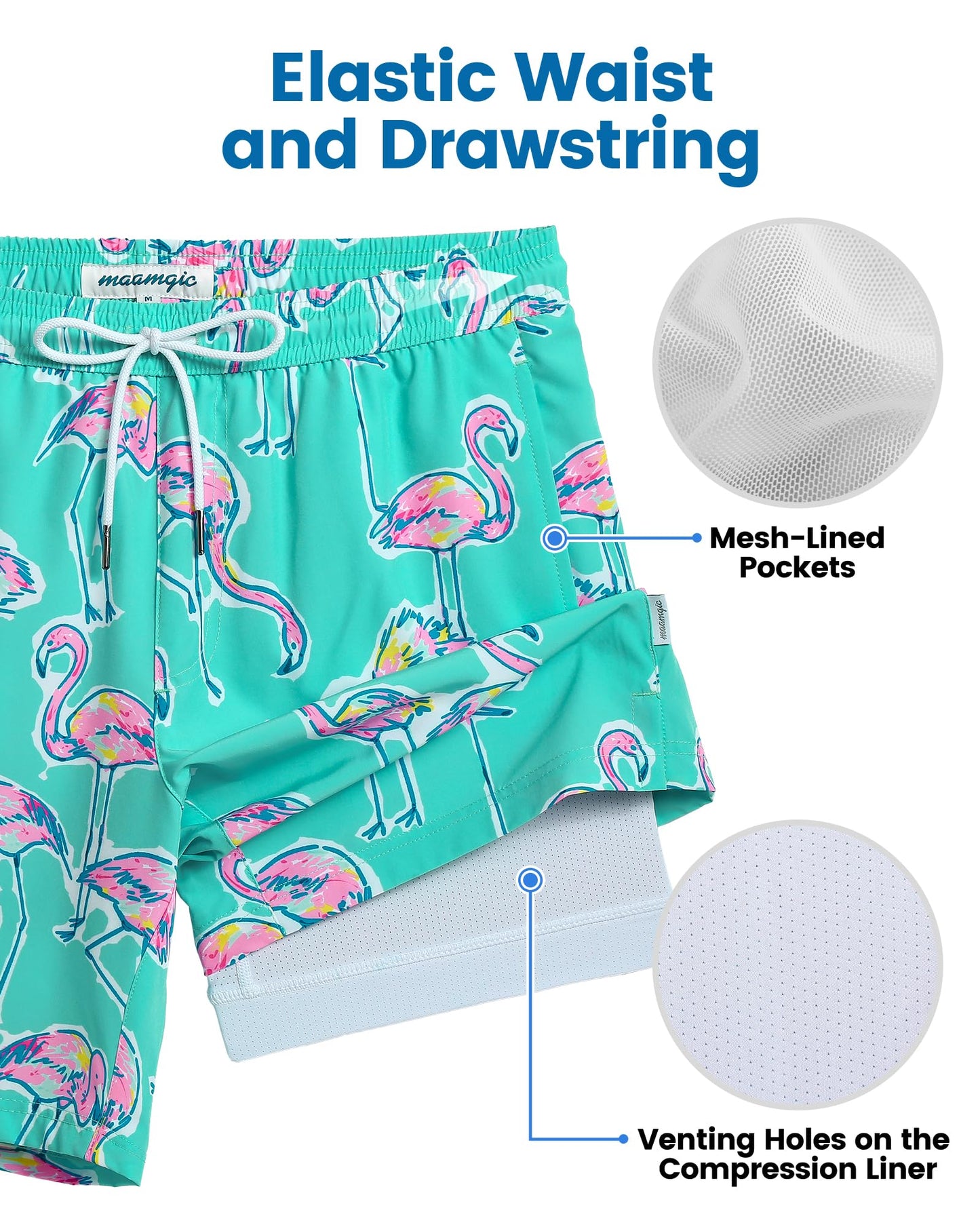 maamgic Mens Swim Trunks with Compression Liner 7 Inch Inseam Mens Bathing Suit Quick Dry Swimming Trunks Swimsuit Flamingo Green and White Large