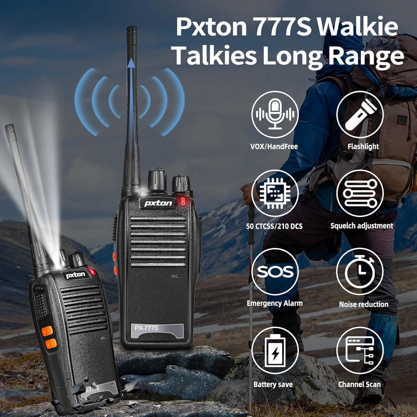 Pxton 777S Rechargeable Walkie Talkies - Long Range Two-Way Radios with Earpieces & Li-ion Battery | 2 Pack