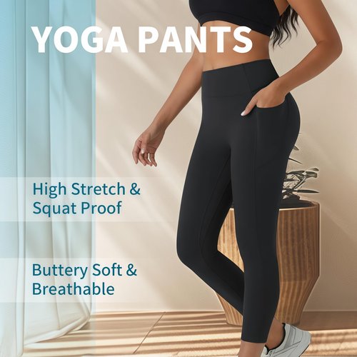 High Waisted Buttery Soft Leggings for Women-Butt Lifting No Front Seam Tummy Control Workout Gym Yoga Pants with Pocket Black-M