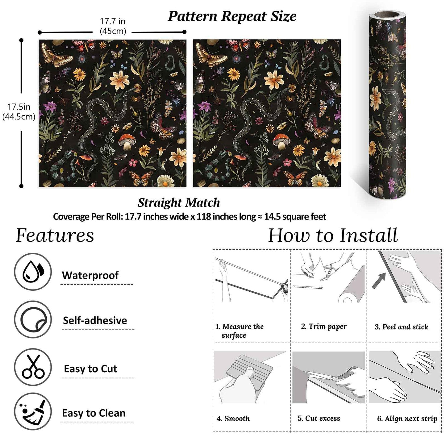 VEELIKE Midnight Forest Wallpaper Peel and Stick Snake Butterfly Floral Wallpaper for Bedroom Bathroom 17.7''x118'' Black Botanical Wall Mural Removable Self Adhesive Floral Contact Paper for Cabinets