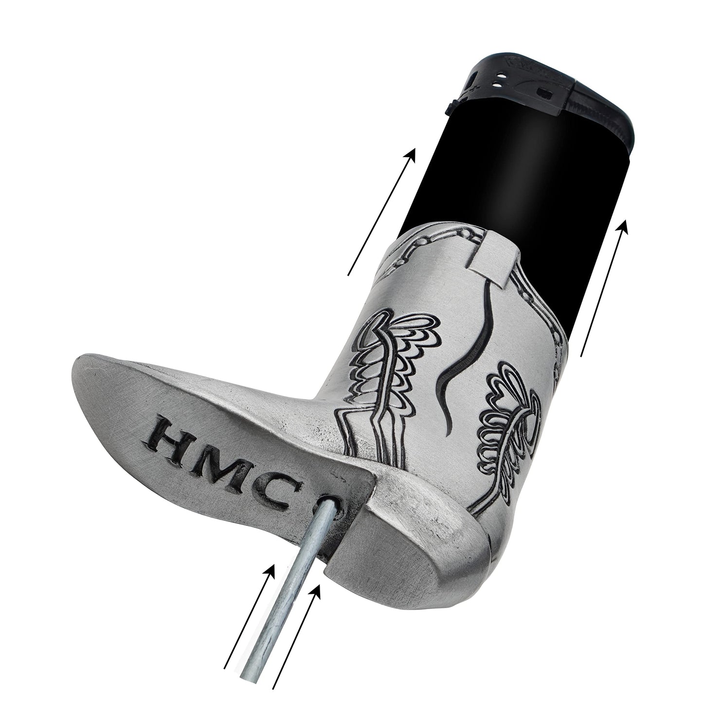 Cowboy Boot Lighter Case Silver Metal by HMC - for Mini Bic J5 - Stylish Design Lighter Sleeve Cover, Ideal for Home Or Everyday Carry