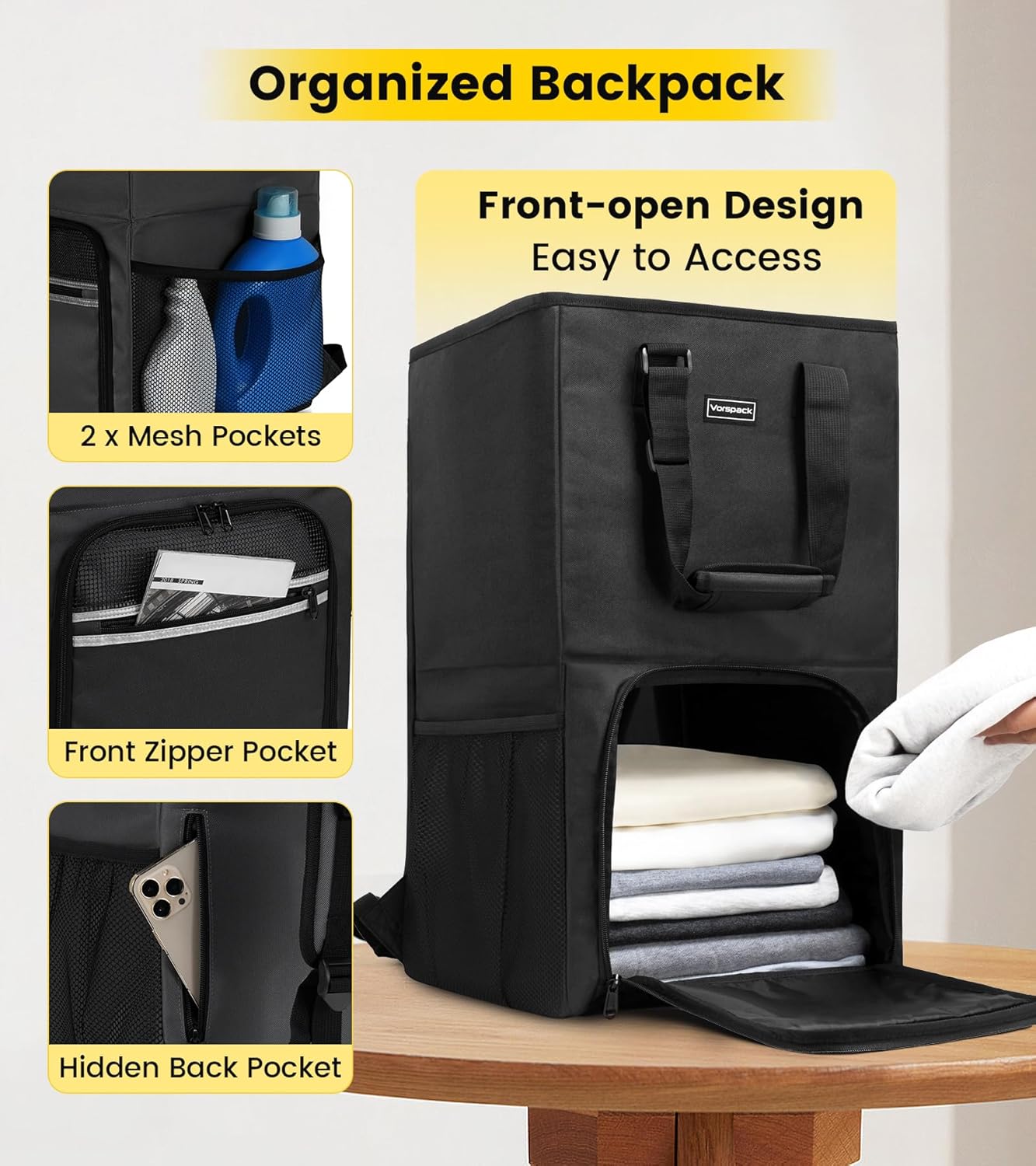 Vorspack Laundry Bag Backpack - Extra Large Heavy-Duty Hamper with Shoulder Straps | Ideal for College Dorms & Laundromats - Black