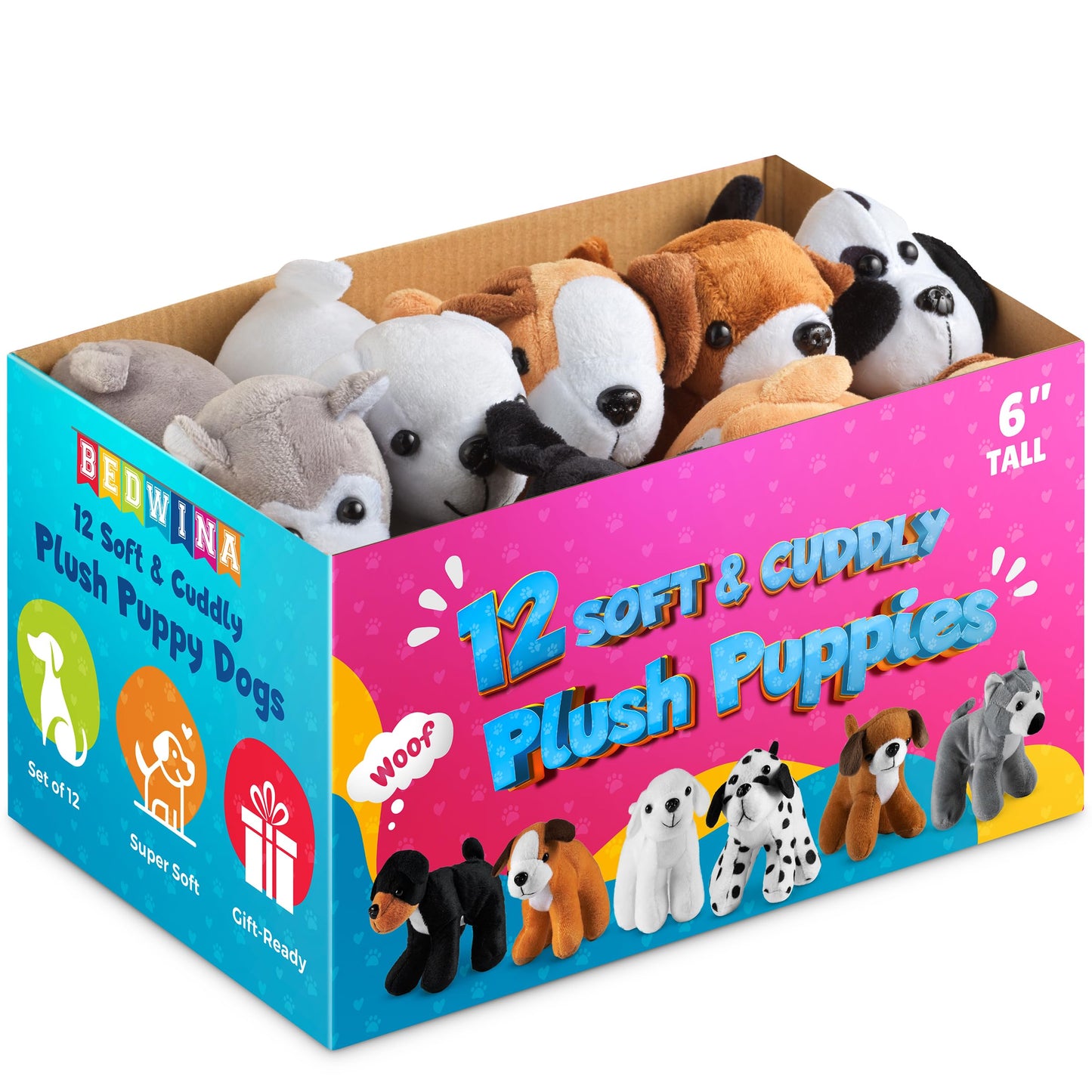 Bedwina Plush Puppy Dogs - (Pack of 12) 6 Inches Tall Small Stuffed Animals Bulk Assorted Puppies and Cute Stuffed Plushed Adopt-a-Puppy Dog Assortment Party Favors for Kids