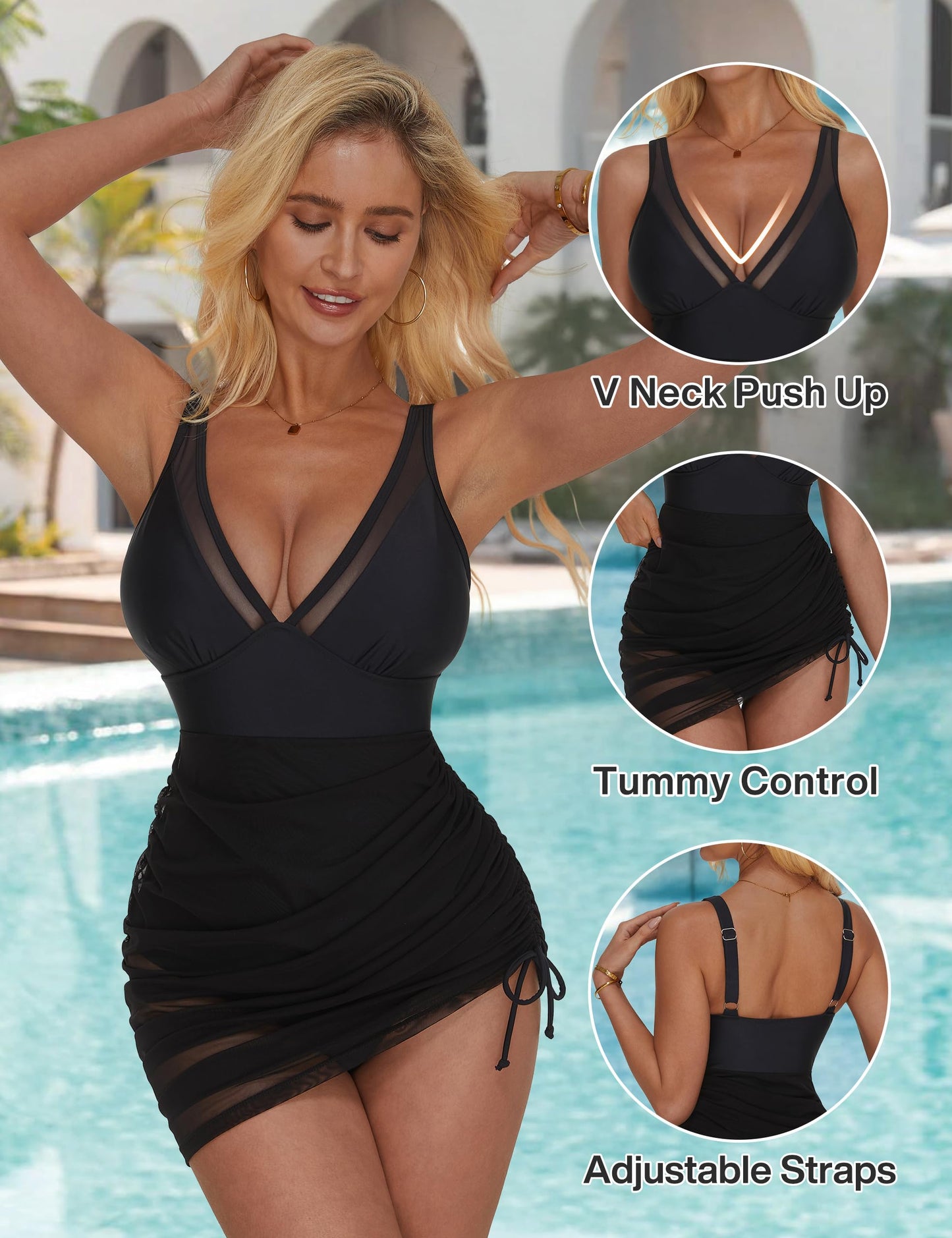 SUUKSESS Women Sexy Mesh One Piece Swim Dress Slimming Tummy Control Swimsuit Push Up High Waisted Bathing Suit (Black,L)