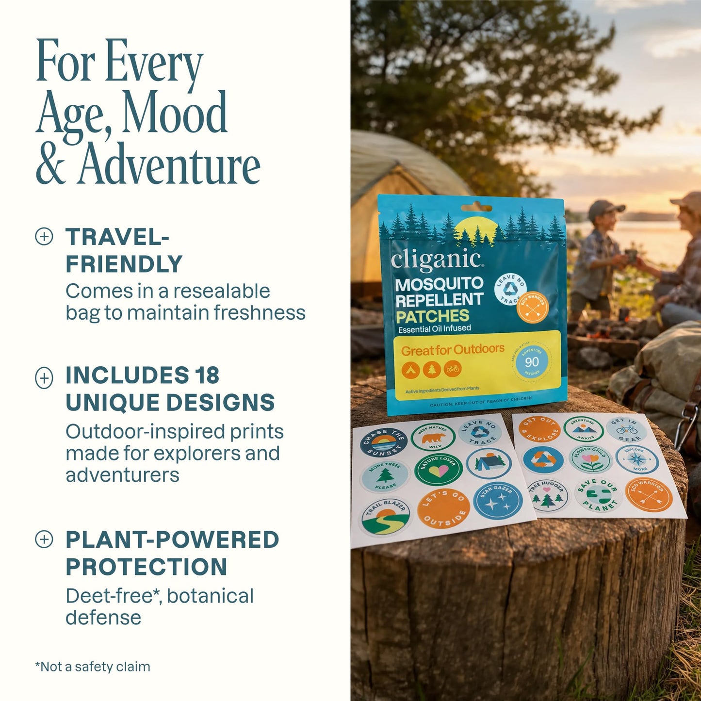 Cliganic Mosquito Repellent Stickers (90 Pack) - Camping Patches for Kids & Adults, Natural DEET-Free, Essential Oil Infused