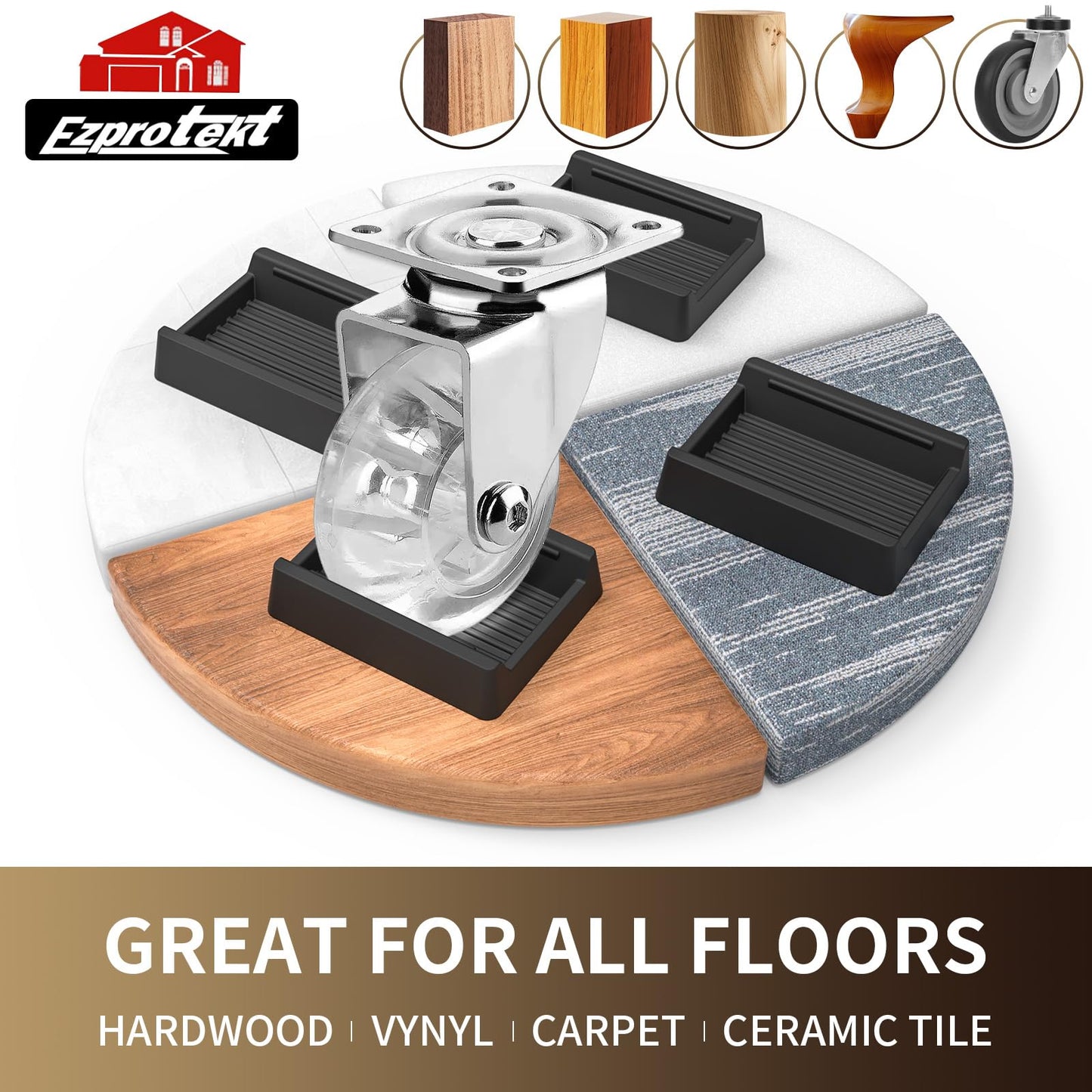 Ezprotekt 4 Pcs Non Slip Rectangle Furniture Caster Cups, 2.9" x 2.3" Silicone Non Skid Furniture Pads Coasters for Hardwoods Floors, Bed Couch Wheel Stoppers to Prevent Sliding (Black)