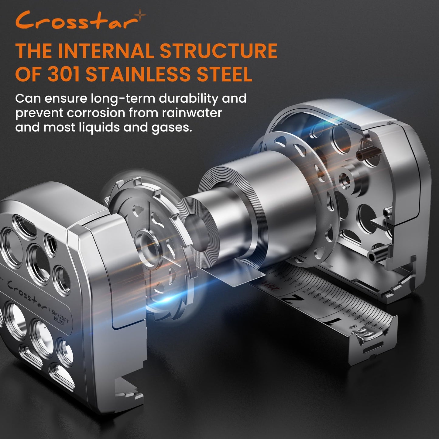 Crosstar 25FT Magnetic Self-Locking Stainless Steel Tape Measure, Double-Sided Scale, Waterproof & Rustproof Retractable Measuring Tape with Hollow Design for Home, Industrial, Woodworking