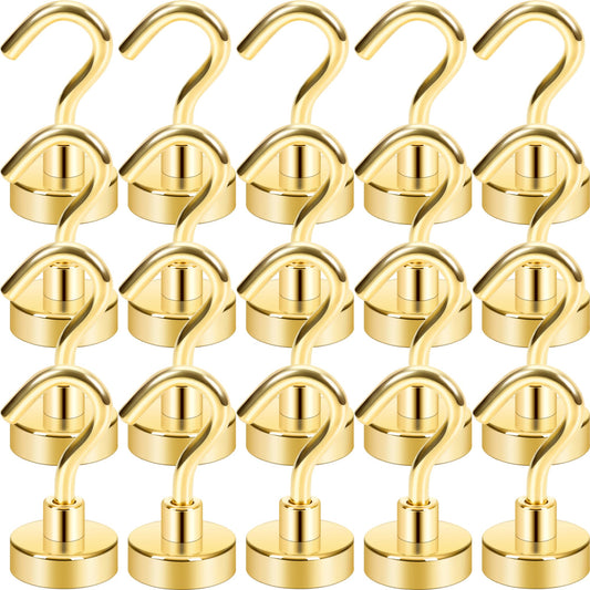 Neosmuk Magnetic Hooks,Heavy Duty Earth Magnets with Hook for Refrigerator, Extra Strong Cruise Hook for Hanging, Magnetic Hanger for Cabins, Grill (Gold, Pack of 20)