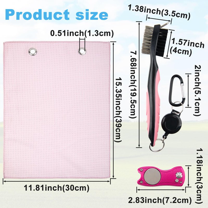 PAGOW Golf Cleaning Kit, Microfiber Golf Towels + Golf Club Groove Cleaner Brush + Foldable Golf Divot Tool, Women Men Golf Accessories for Golf Bags (Pink)