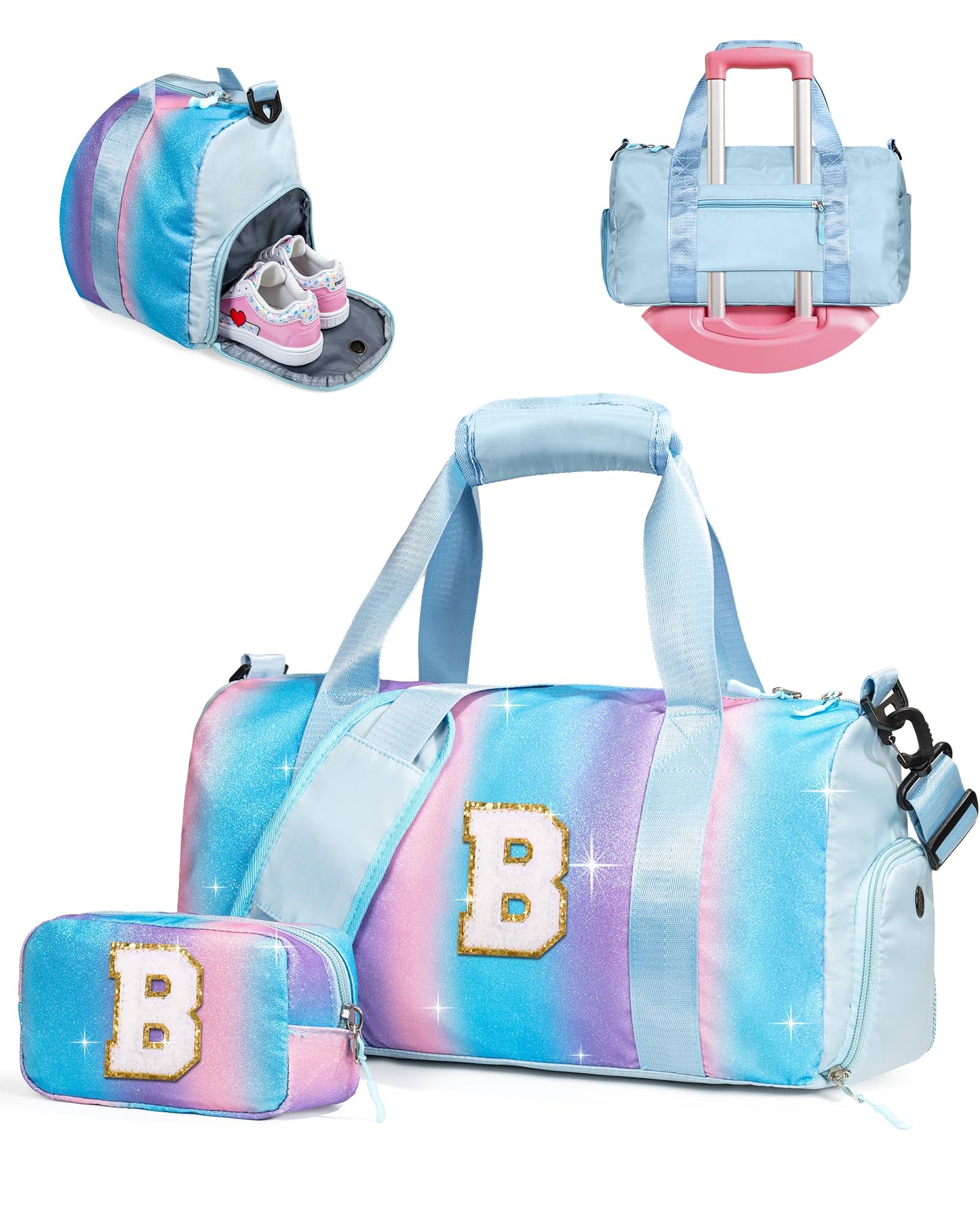Vogewood Birthday Gifts for 3 4 5 6 7 8 9 10 11 12 Year Old Girls-Girl Gym Bag with Shoe Compartment, Kid Personalized Weekender Overnight Bags, Initial Travel Tote with Makeup Pouch (Letter B)