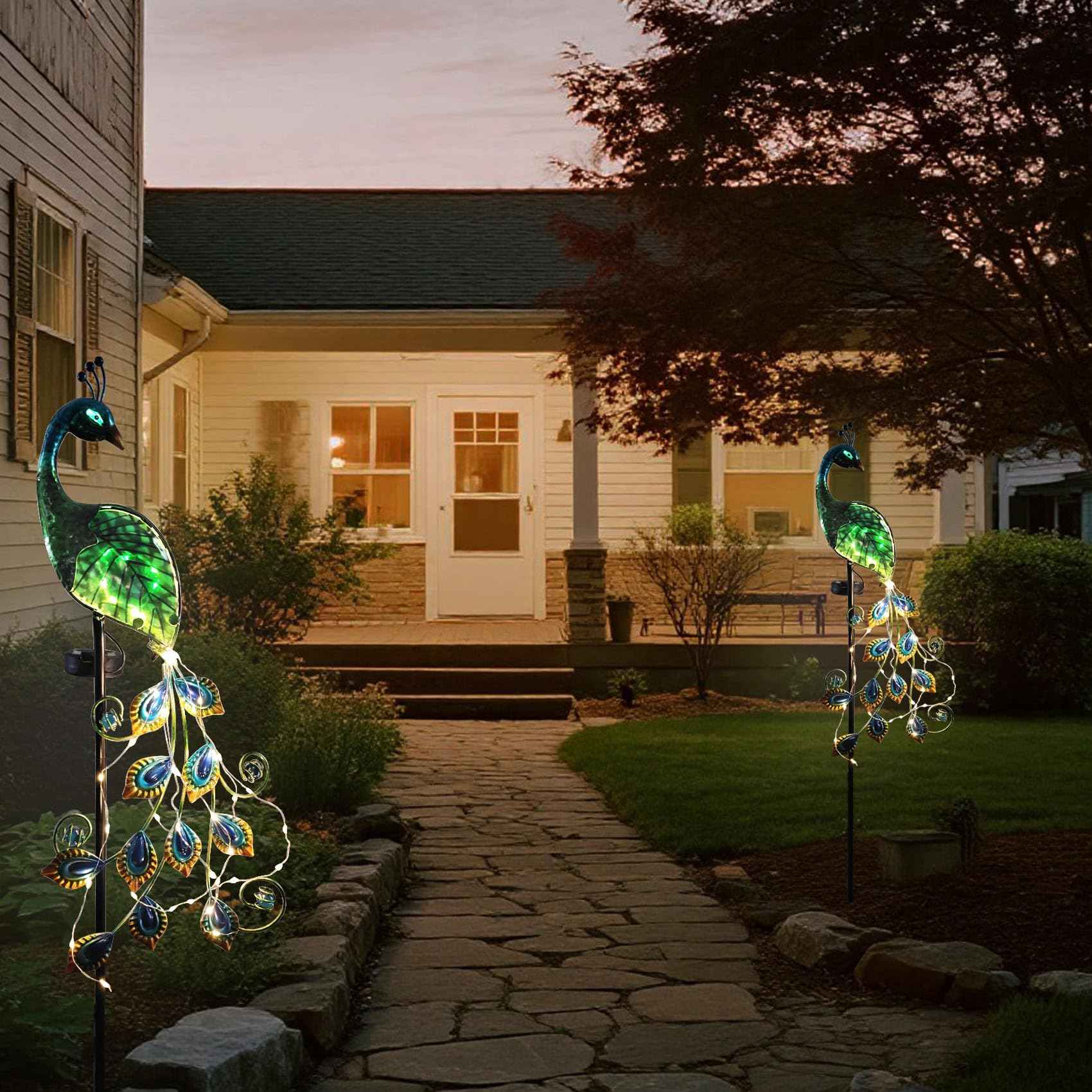 CBAXEAXM Solar Peacock Garden Stake Lights Outdoor, Waterproof Metal Glass Decorative Landscape Path Lights with Thick Stake Glow in The Dark Eye for Pathway Patio Lawn Yard