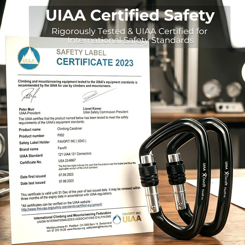 Locking Climbing Carabiner Heavy Duty: Favofit UIAA Certified 42kn (9441 lbs) Safety Caribeaner Clips - Large Screwgate Rock Mountain Caribiniers for Rescue Firefighter