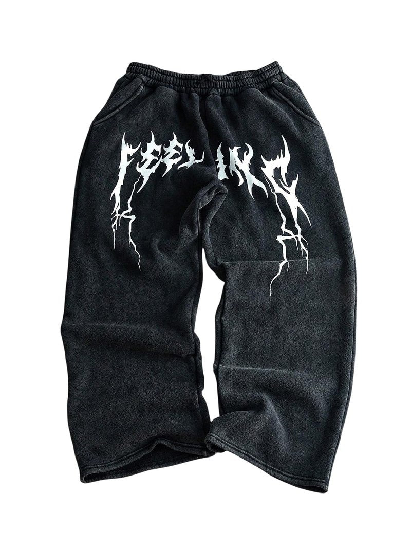 SOLY HUX Men's Baggy Sweatpants Y2k Wide Leg Drawstring Waist Emo Pants Vintage Gothic Streetwear Black Graphic Large