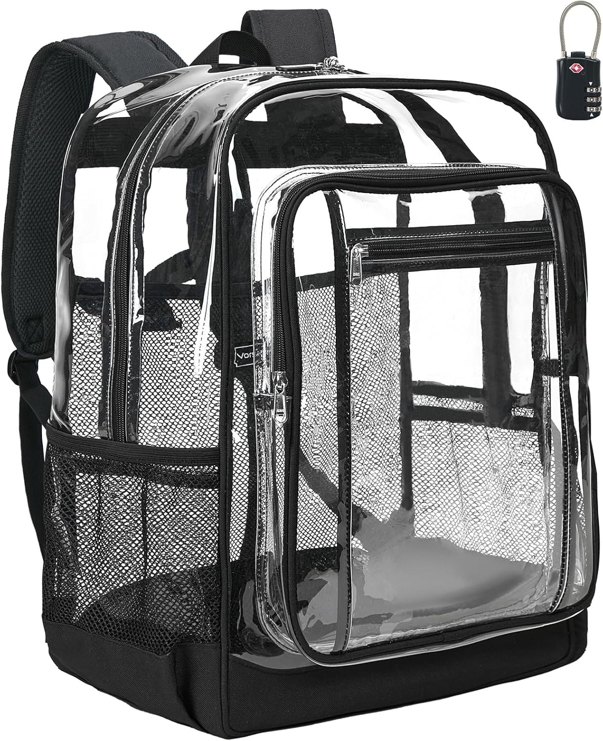 Vorspack Clear Backpack - Heavy Duty Extra Large Transparent Bookbag with TSA Lock | Black