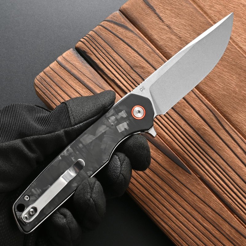 CCFFCC FF19 Folding Pocket Knife，D2 Steel Blade Carbon Fiber Handle EDC Tool Knife for Outdoor Camping Hunting Fishing Working(Black)