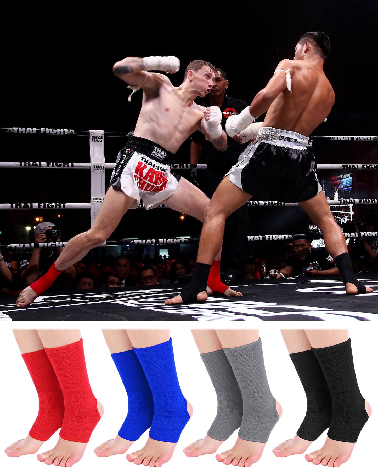 Handepo 4 Pairs Muay Thai Ankle Sleeve MMA Compression Foot Sleeve Ankle Support Wraps Sock Breathable Support for Men Women Kickboxing Martial Arts Gym Running Sports(Black, Red, Blue, Gray)