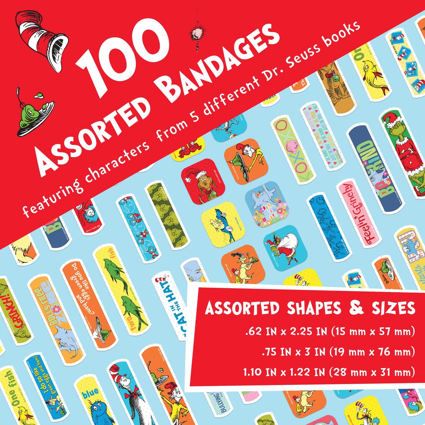 Dr. Seuss Bandages, 3 Assorted Sizes 100 CT | Flexible Adhesive Bandages for Minor Cuts, Scrapes, and Burns. Wear Like Stickers. Great Gift idea for Kids.