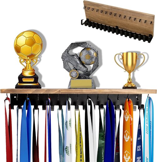 Defined Deco Medal Hanger - Wooden Trophy Shelf With 32 Hooks for Wall-Mounted Ribbon Display | Ideal for Gymnastics, Soccer, Running Medals