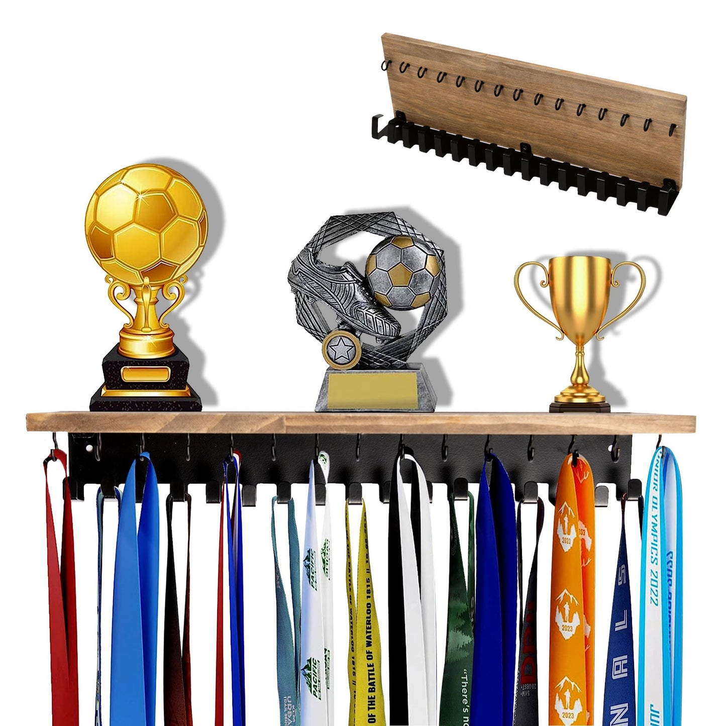 Defined Deco Medal Hanger Display and Trophy Shelf with 32 Hooks-Wooden Medal Holder for Wall Mount Ribbon Display,Soccer, Running Race Medals Awards Rack.