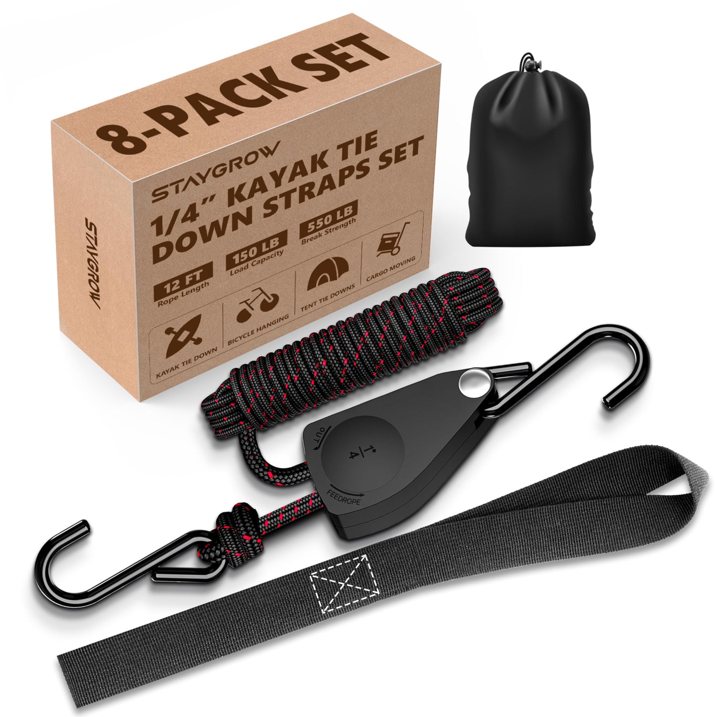 Kayak Straps Tie Downs 8 Pack Set, Adjustable Ratchet Tie Down Straps