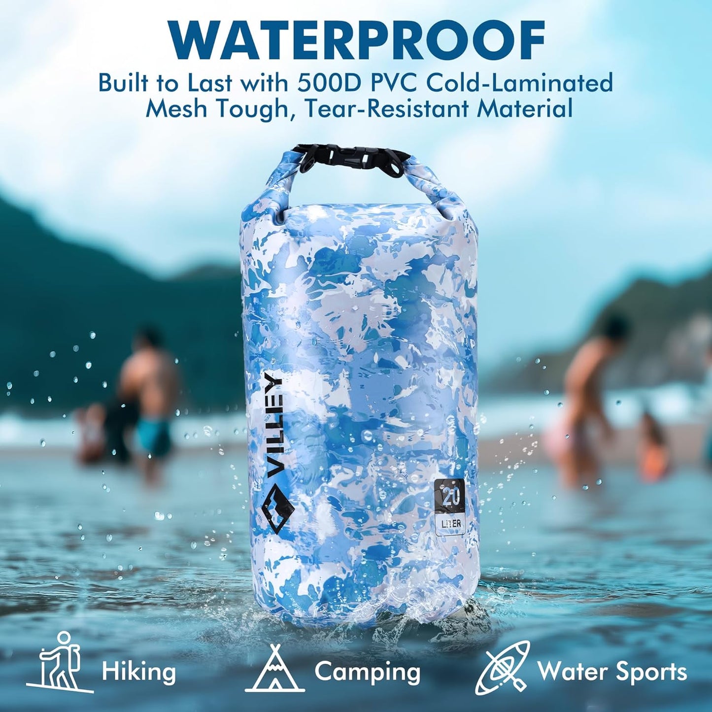 VILLEY Waterproof Dry Bag - 10L Roll Top Backpack for Kayaking, Camping & Beach - Blue Camo