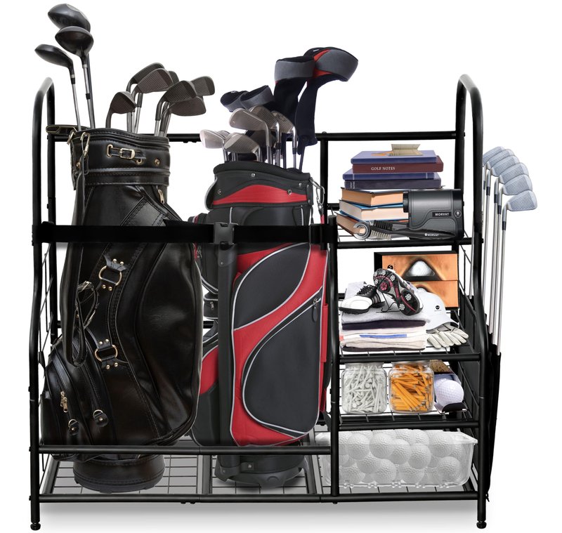 Morvat Golf Storage Bag Organizer, Fits Two Golf Bags, Metal Durable Rack Stand for Golfing Equipment, Golf Balls & Accessories, for Home, Garage, Basement, Shed (Style 2)