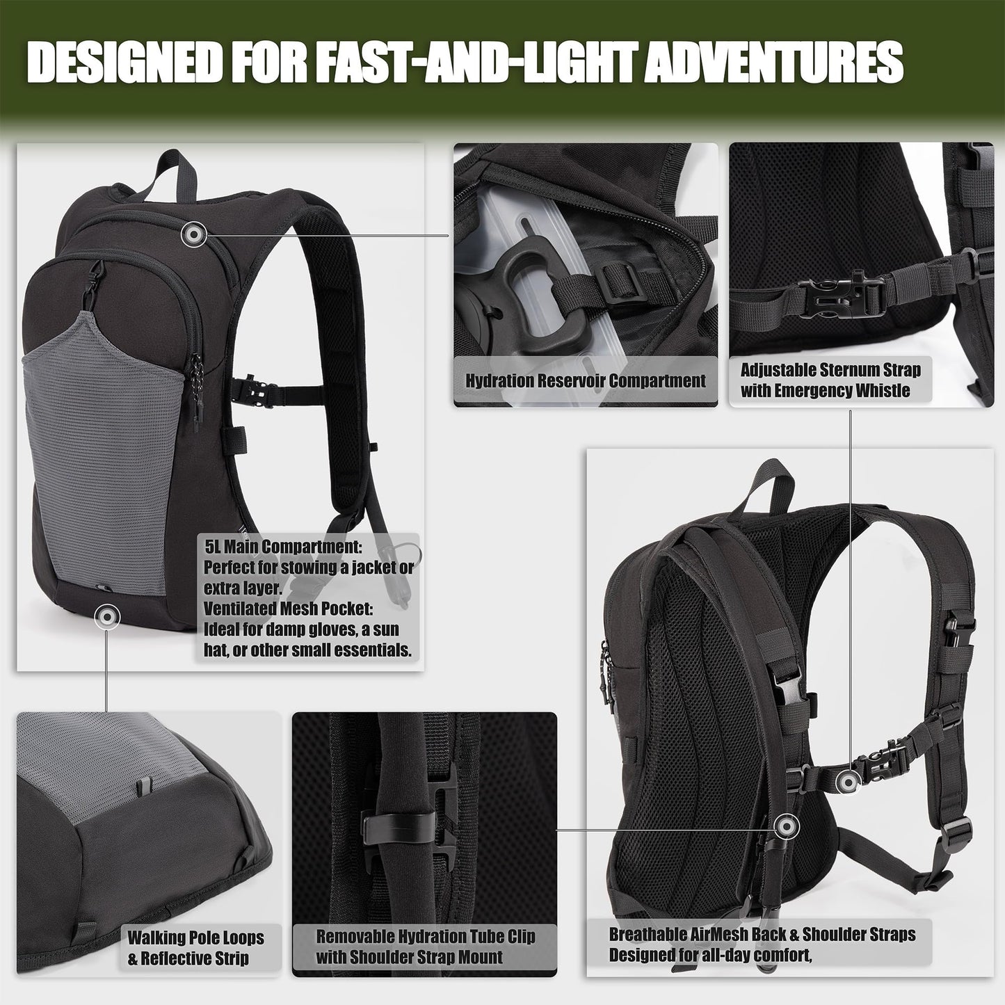 CLTAC 2-in-1 Tactical Chest Pack & Hydration Backpack with 2.5L Water Bladder, Modular Molle Hydration Vest, 500D Nylon Lightweight Running Water Bag for Gravel Cycling, MTB, Hiking, Enduro - Black