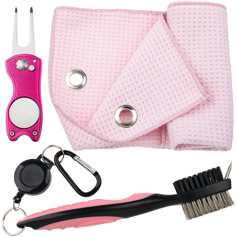 PAGOW Golf Cleaning Kit, Microfiber Golf Towels + Golf Club Groove Cleaner Brush + Foldable Golf Divot Tool, Women Men Golf Accessories for Golf Bags (Pink)