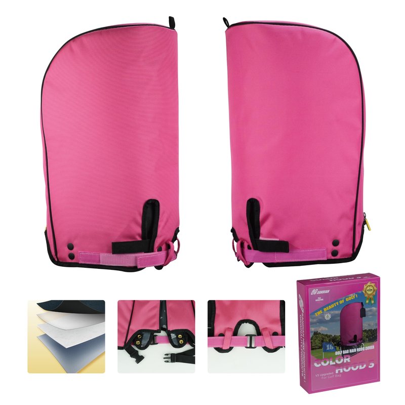 SANDIAN, Pink Color, Golf Bag Rain Hood Cover, Waterproof 1260D Oxford Polyester, 12x20 Inches, Padded Protection, PU Coated, Two Sided Zipper, Adjustable Buckle Lock Fasteners, Snap Button Locking